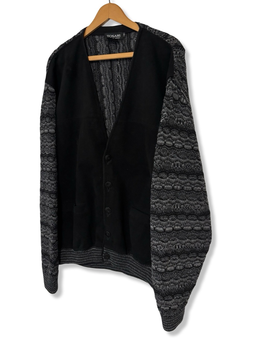 Vintage 90s Tosani Black and Gray Button-Up Cardigan 3D Knit Sweater